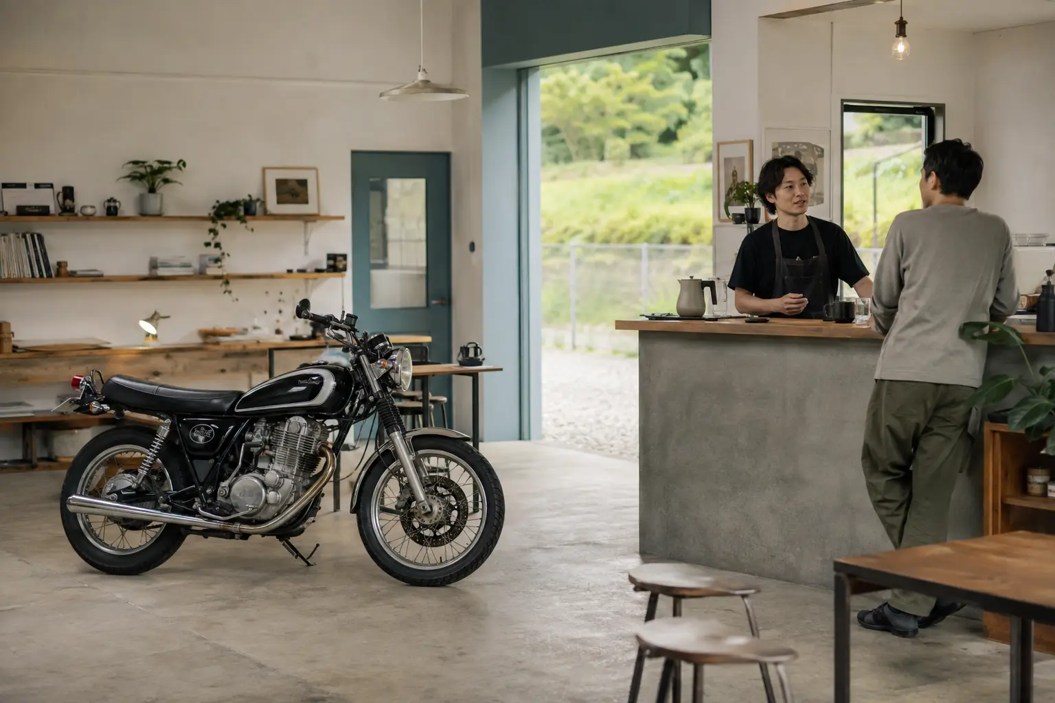 自然に囲まれた広々としたTRUST MOTORCYCLEの店内